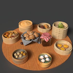 3D Chinese  dim sum with bamboo steamer