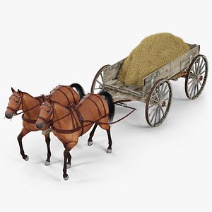 Wagon with Hay and Horses 3D