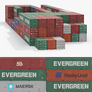3D Hapag-Lloyd ACL Evergreen Maersk Cargo Container Stack Mixed Colors