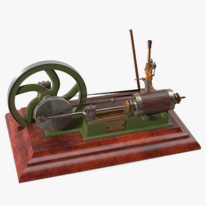 3D Classic Steam Engine Red Wood Base Rigged model