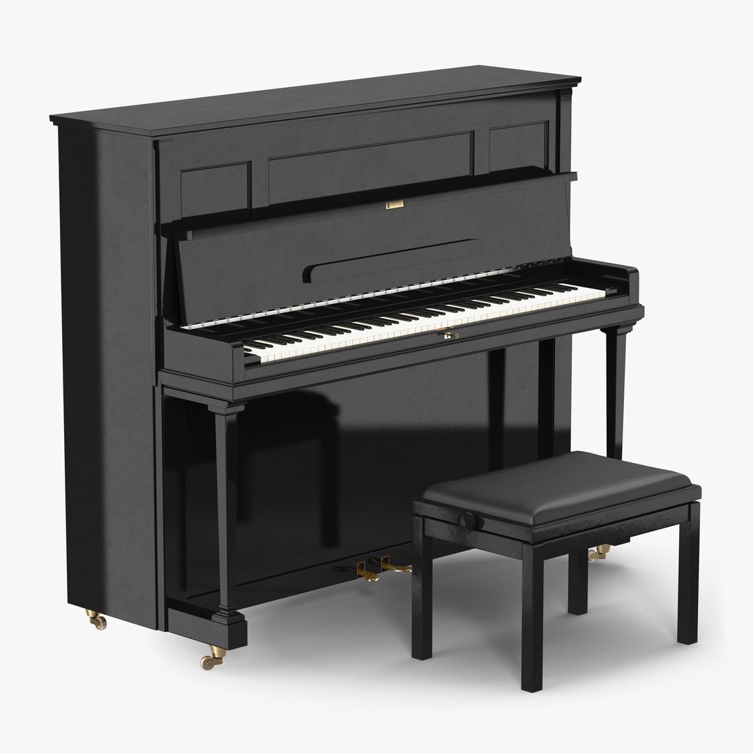 Upright Piano Black with Bench 3D model preview