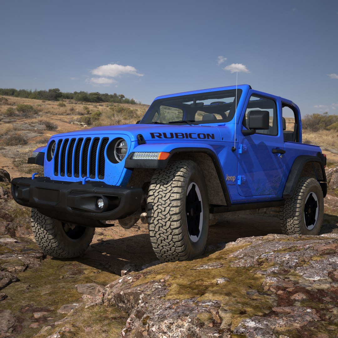 Jeep Wrangler Rubicon Open Top SUV Blue Dirty 3D model preview