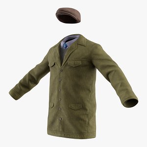 Wool Work Jacket with Collar and Cap Olive Green
