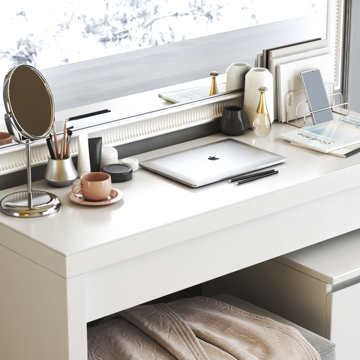 3D IKEA MALM Dressing Table with SONGE wall mirror and Strandmon Gray