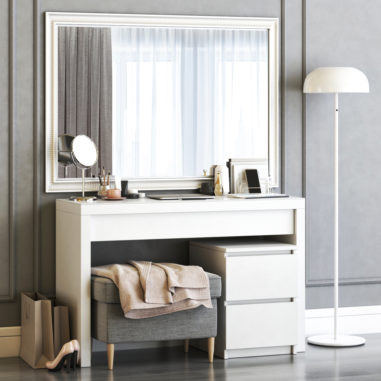 3D IKEA MALM Dressing Table with SONGE wall mirror and Strandmon Gray