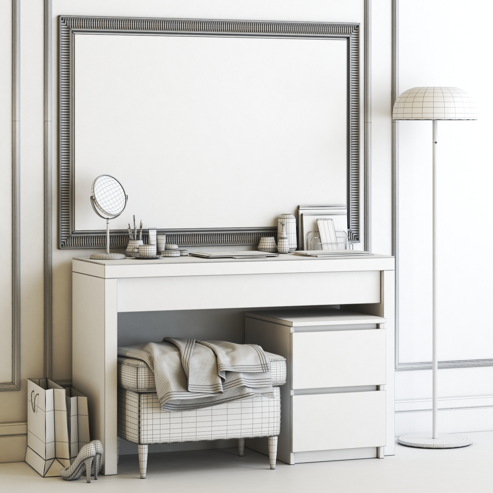 3D IKEA MALM Dressing Table with SONGE wall mirror and Strandmon Gray