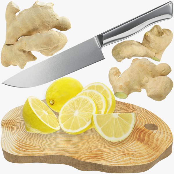 Ginger and Lemons with Knife on Cutting Board Collection V3 3D