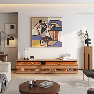 3D Modern Complete Living Room Scene With Slatted Wooden TV Cabinet