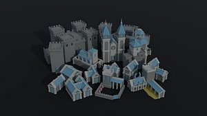 3D Low-poly cartoon medieval fantasy city asset Polygonal Style