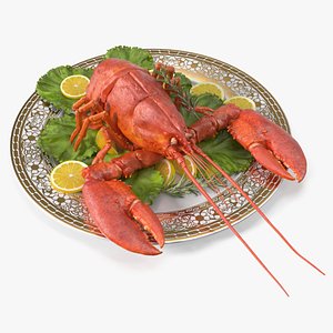 3D Boiled Lobster Plate with Lemon Slices and Lettuce