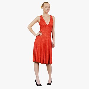 Woman in Red Dress Posed Remastered 3D model