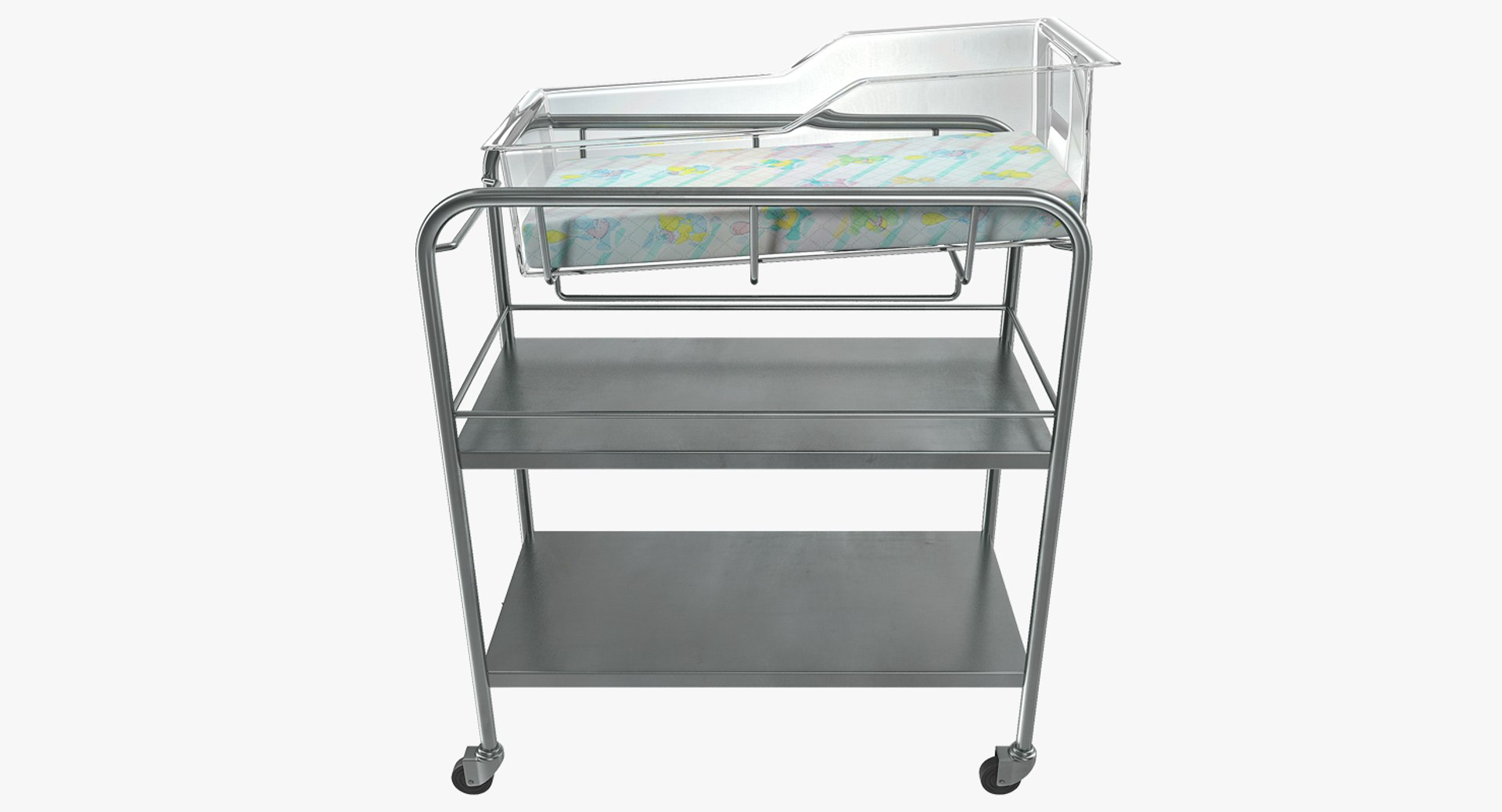 Stainless Steel Hospital Bassinet Carrier with Shelf 3D model preview