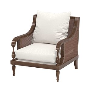 Custom made chair in brown wood, cane back and white cushions