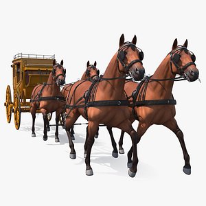 Four Bay Horses Harness with Stagecoach 3D model