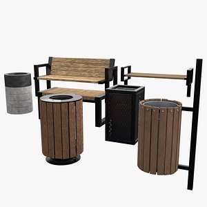 Collection of wooden street benches and bins