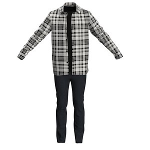 Men Outfit 3D Model Jeans T-Shirt  Plaid Shirt 3D model