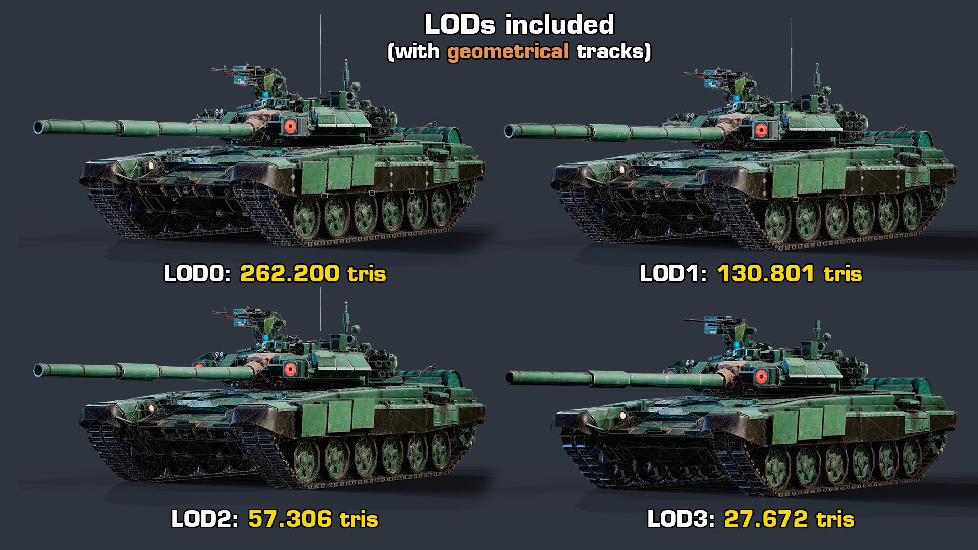 Rigged T-90A MBT GameReady LODs 3D model https://p.turbosquid.com/ts-thumb/VF/ZlQbO2/iF/lods_geo/png/1638227509/1920x1080/fit_q87/93849991c65b522eb3f698e9d0866919cb57359b/lods_geo.jpg