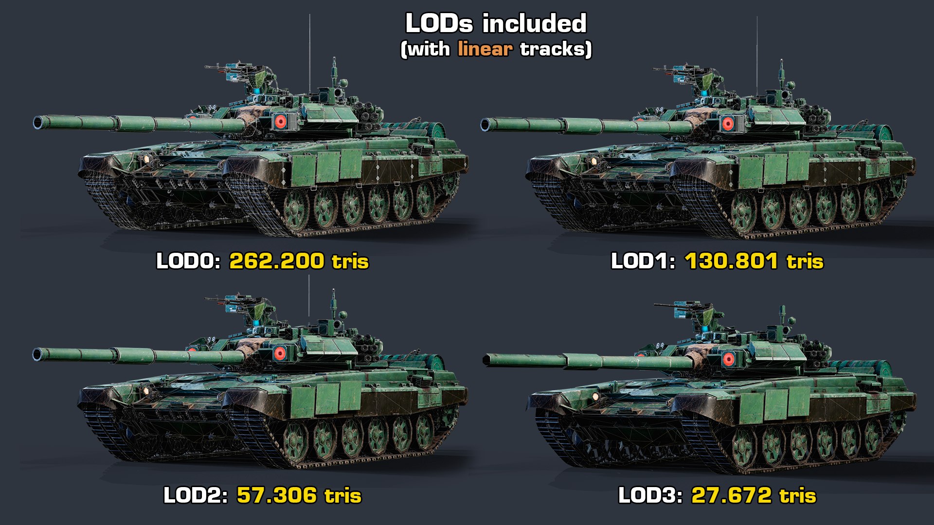Rigged T-90A MBT GameReady LODs 3D model https://p.turbosquid.com/ts-thumb/VF/ZlQbO2/wn/lods_linear/png/1638227510/1920x1080/fit_q87/c4a947be00fcad3d9a0acbff7693a984c814ab76/lods_linear.jpg