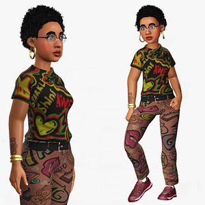 Cartoon 3D Rigged African Cute Afro Hair Girl Character 3D Model 3D model