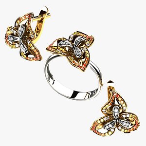 Flower Shape Gold Ring and Earrings Set model