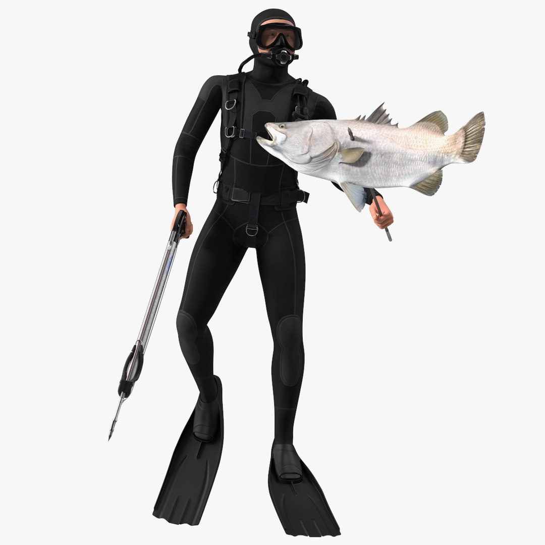 Diver with Underwater Speargun and Fish 3D model preview