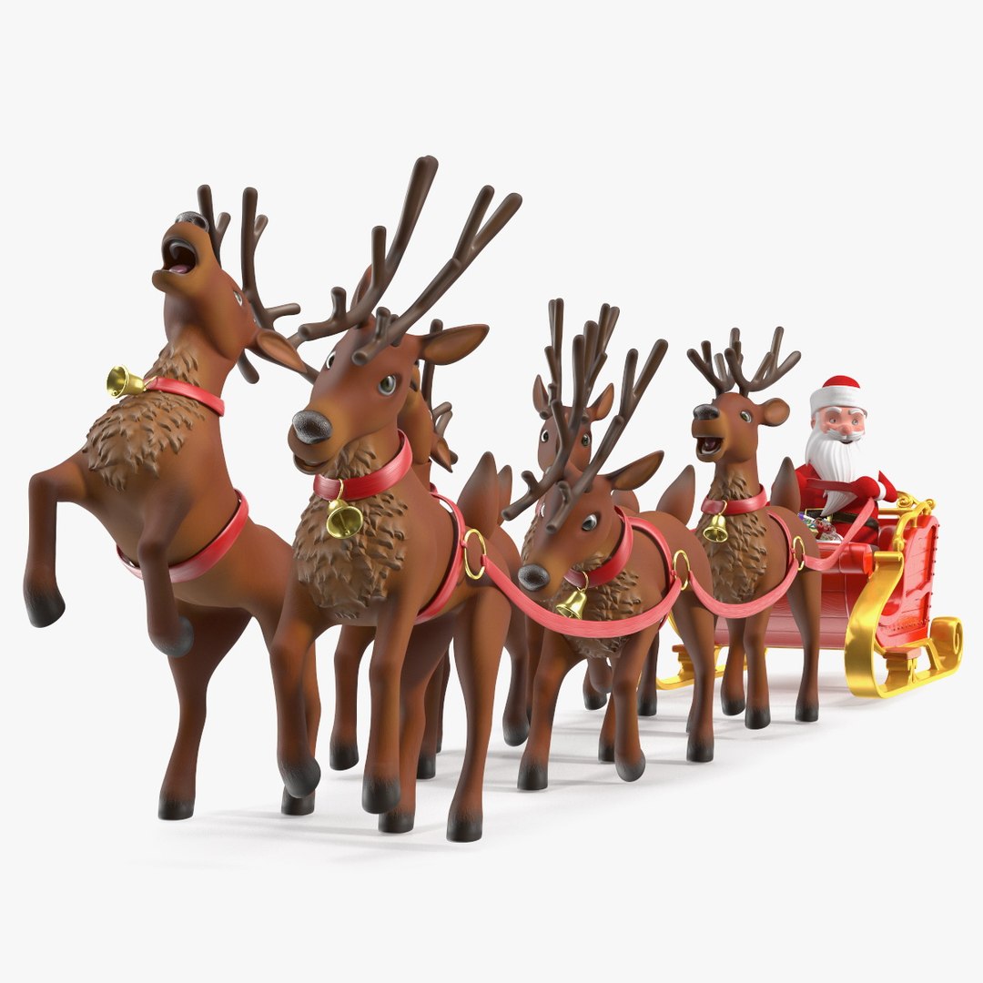 Santa Claus Deer Sleigh Standing 3D model preview
