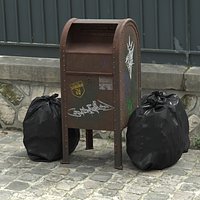 Rusted Street Mailbox Green With Garbage Bags Old