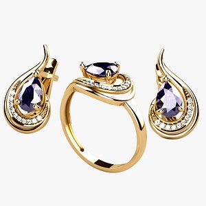 7mm Sapphire Pears Gold Ring and Earrings Set 3D