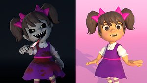 Cute and Creepy Cartoon Girl Pack Low-poly 3D model