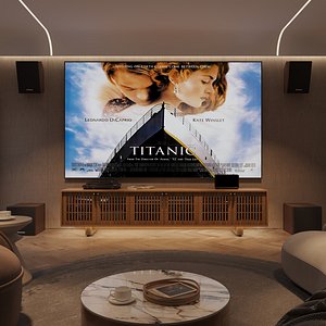 Cozy Home Theater Room with Wooden Lattice TV Cabinet 3D Scene