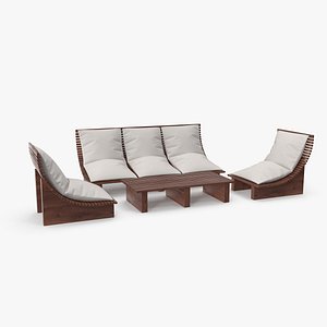 Set of Seater Outdoor Wood Platform Lounge Settings and Table 3D