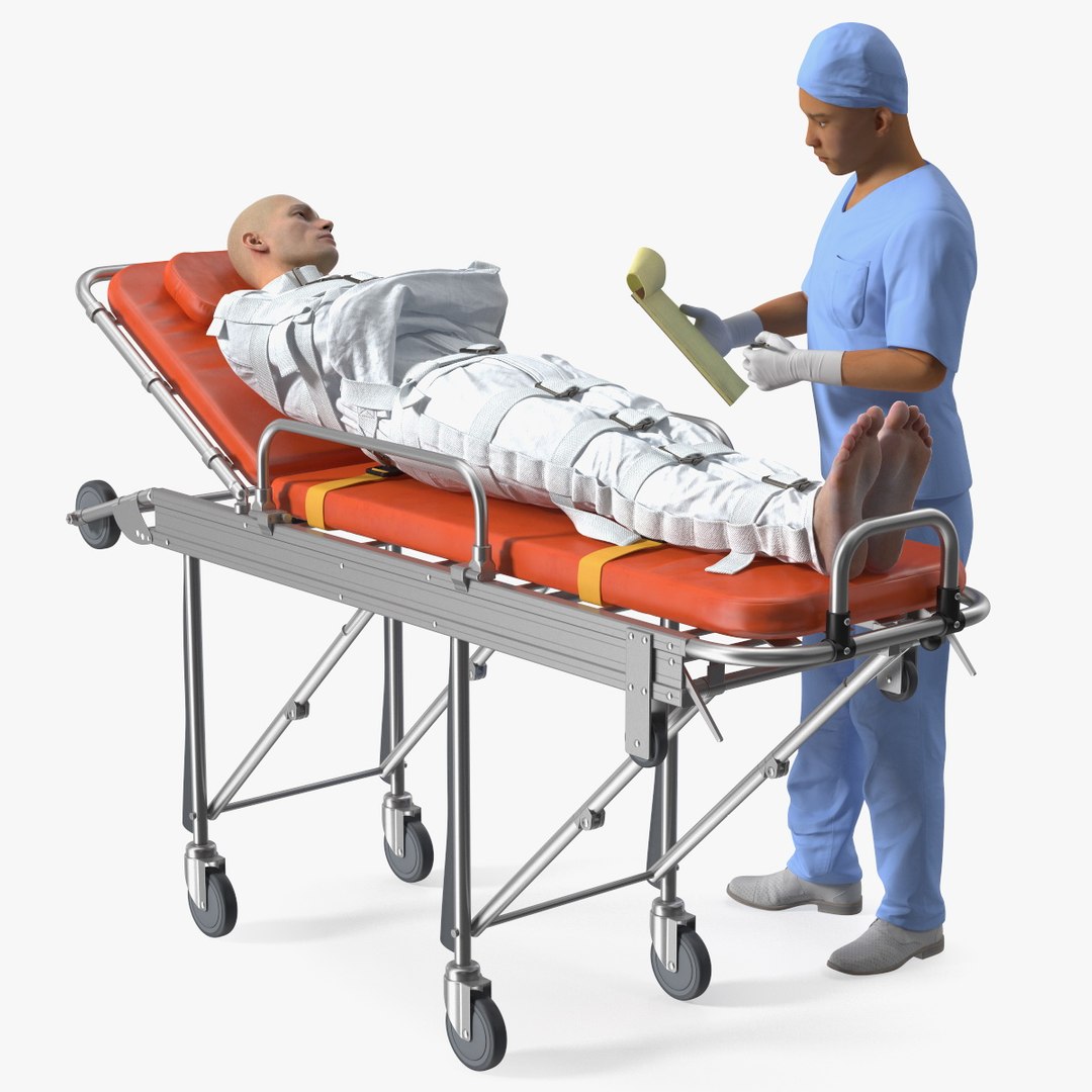 Paramedic with Patient in Straitjacket on Stretcher