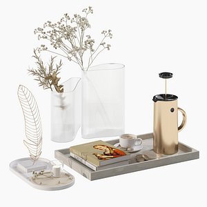 3D Coffee set 13 - tray pot cup books figurine bouquet pot model