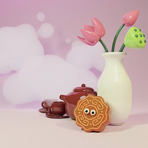 Moon Cake and Lotus Vase with Tea Pot and Cloud