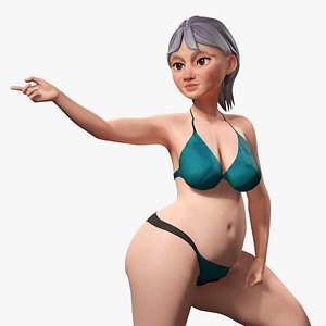 Curvy old lady character in swimsuit bikini