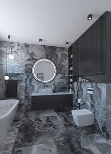 3D model Bathroom with dark mottled marble tiles