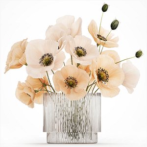 3D Bouquet Of White Wild Flowers Poppy In A Vase 479