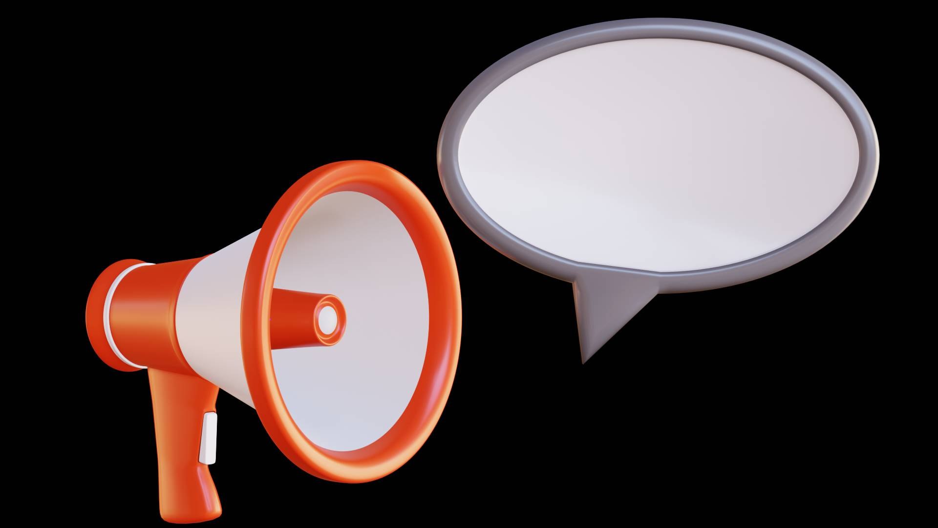 3D Cartoon Megaphone and Speech Bubble model https://p.turbosquid.com/ts-thumb/VX/e7tw1J/pv/megaphone_01/jpg/1696593058/1920x1080/fit_q87/9aaa33fc22886b6f4b55db49f093db29af94ee27/megaphone_01.jpg