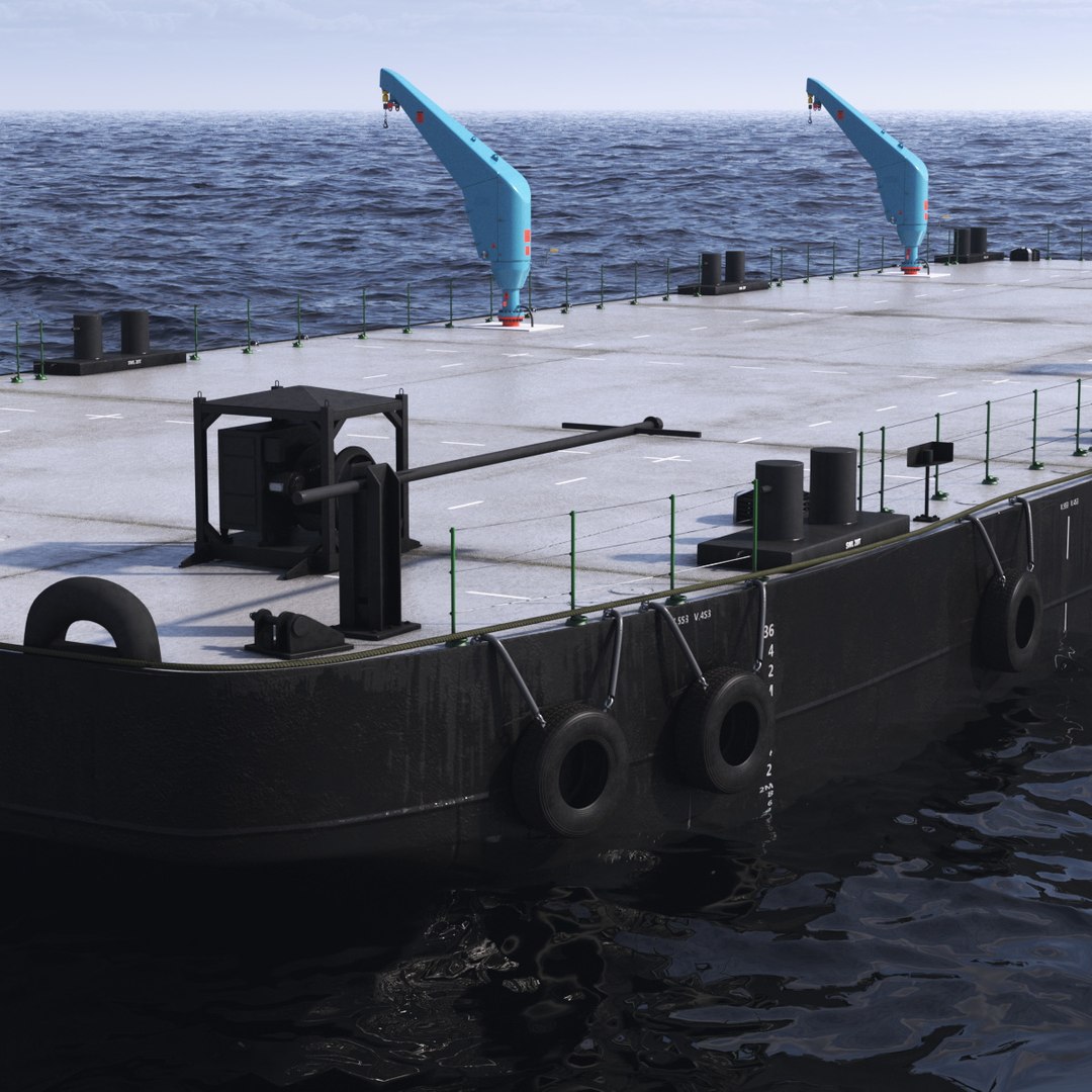 Pontoon Barge with Cranes 3D model preview