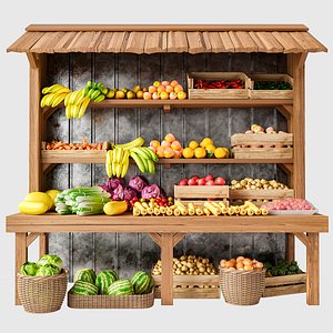 Display case with fruits and vegetables at the market 3D model