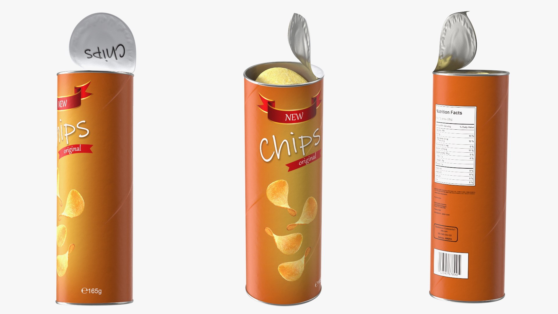 Open Potato Chips in Tube Package 3D model preview