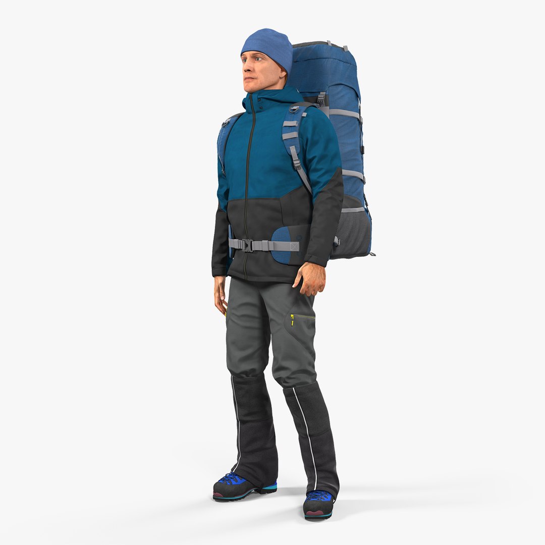 Winter Hiking Clothes Man with Backpack Rigged 3D model preview