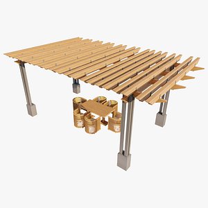 3D Modern Wood Pergola with Metal Supports and Dining Set model