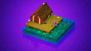 fishing and wooden cabin voxel art 3D