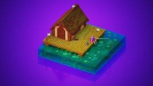 fishing and wooden cabin voxel art