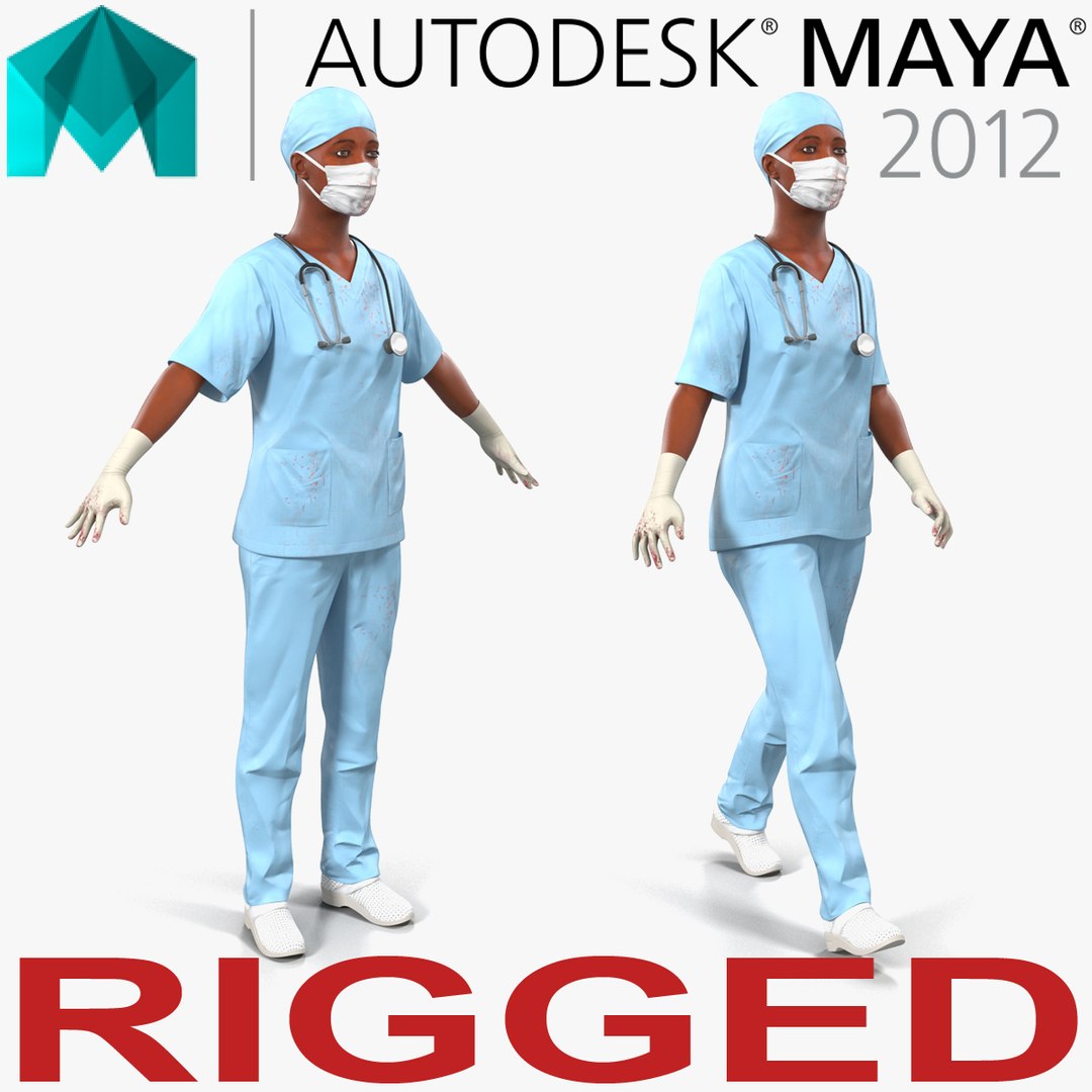 Female Surgeon African American Rigged with Blood for Maya 3D Model 3D model preview
