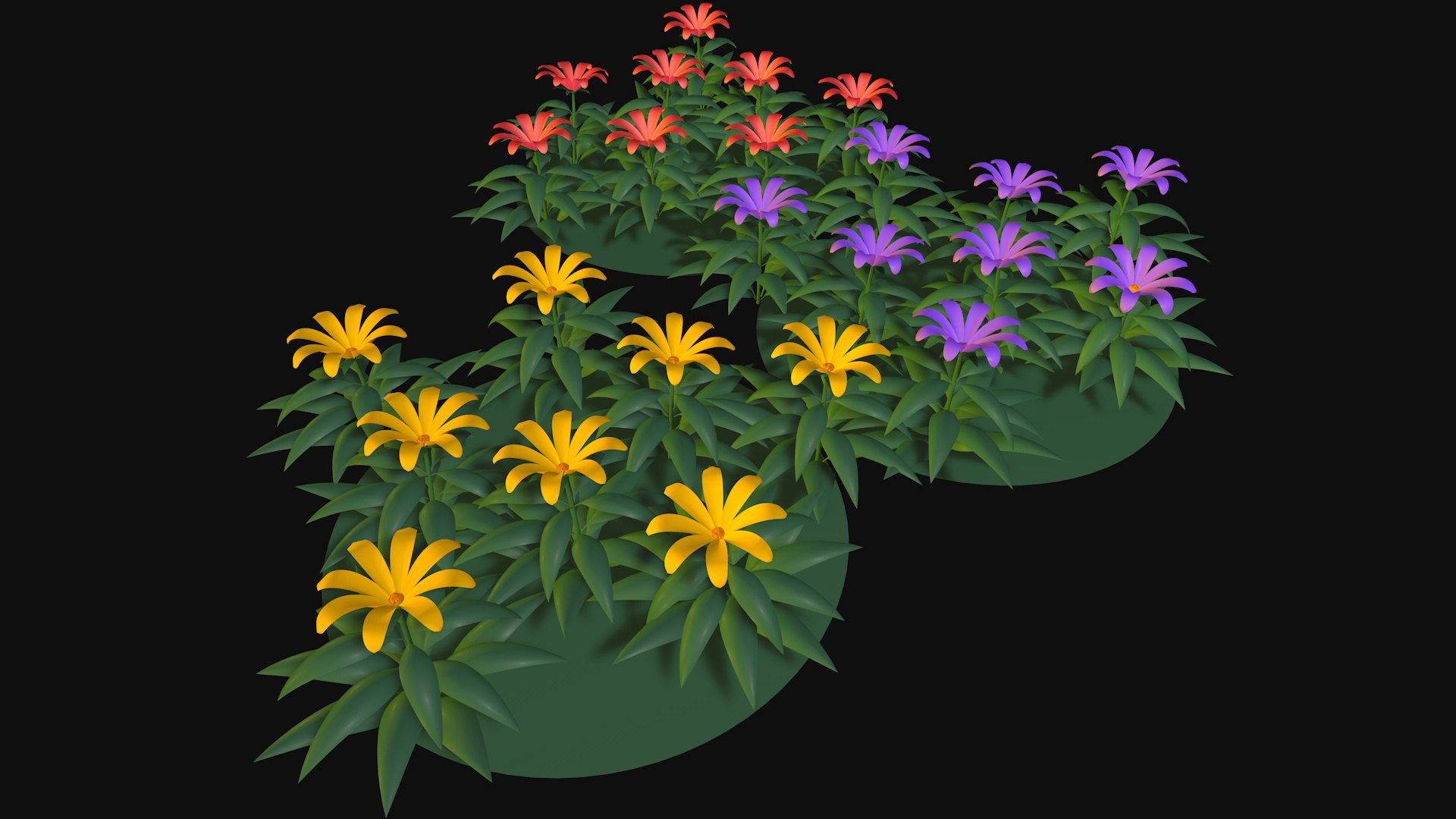 Flowers Of Three Colors Yellow Red Purple 3D TurboSquid 2285577