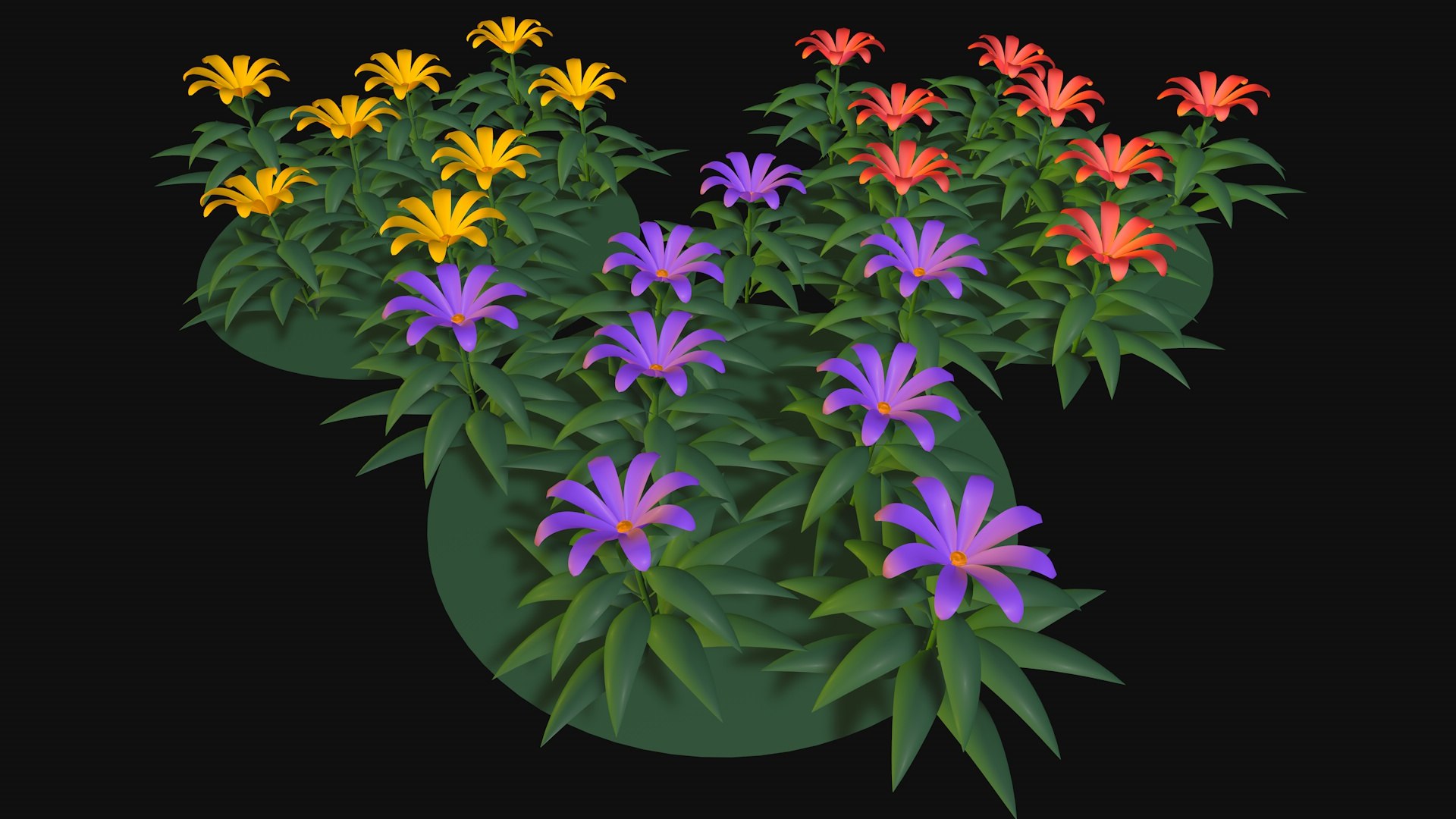 Flowers Of Three Colors Yellow Red Purple 3D TurboSquid 2285577