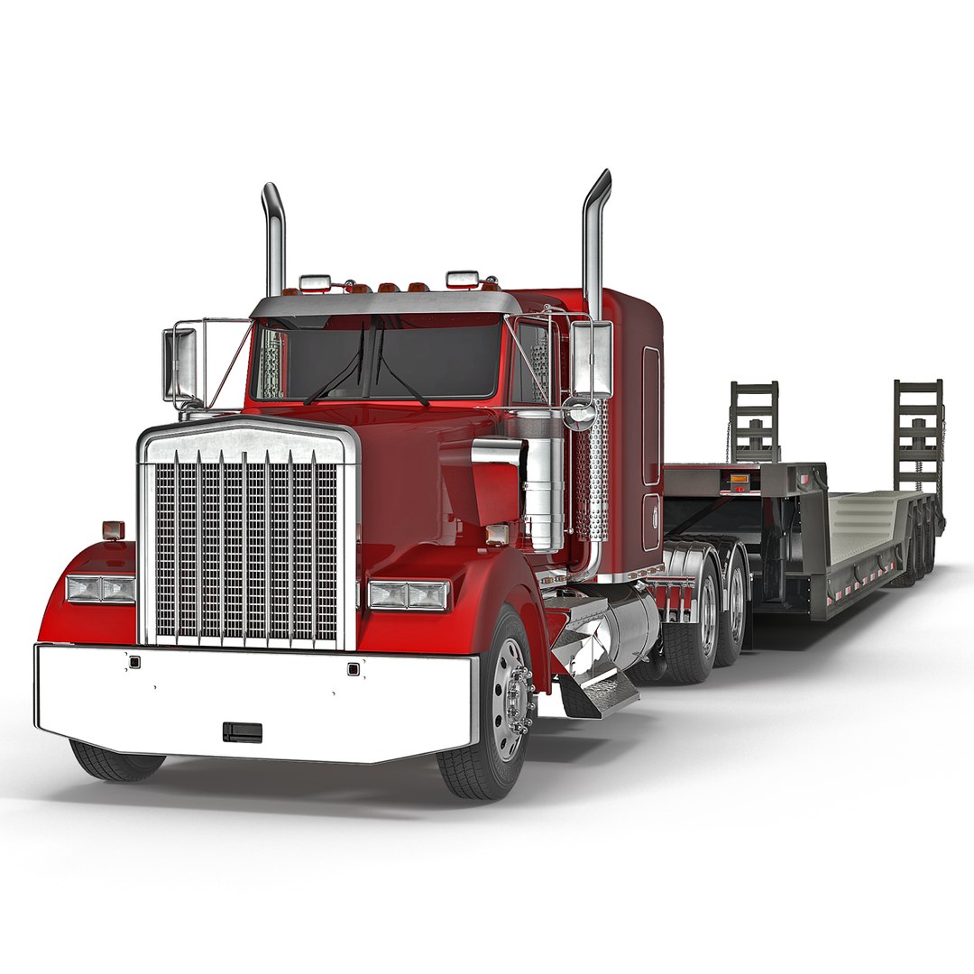 Truck and Double Drop Lowboy Tri Axle Trailer 3D model preview