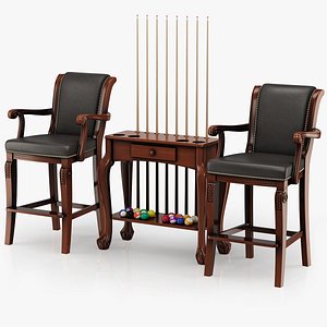 Billiard Room Chairs and Table Cue Rack 3D model